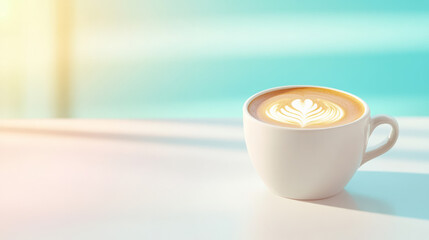 Canvas Print - A high-resolution photograph of a freshly brewed latte with intricate cute latte art, placed on a clean white table with a sunny window in the background,