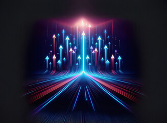 Leinwandbilder - Glowing arrows ascend a grainy, textured paper-like path, converging at a bright light source.  The image evokes growth and upward movement.