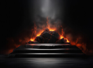 Aufkleber - A fiery, smoky scene with a dark, griany paper-textured platform.  Lava rocks glow intensely, creating a dramatic, hellish display.  The scene is lit from above, casting dramatic shadows.