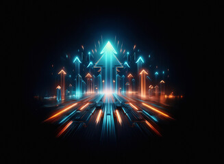 Wall Mural - Glowing cyan and orange arrows ascend on a dark, grainy paper texture, creating a dynamic, futuristic perspective.  The path is lined with glowing lines, suggesting technological advancement and growt