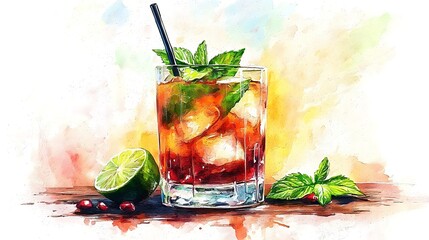 Wall Mural - Refreshing Cranberry Mint Cocktail - Watercolor Painting.