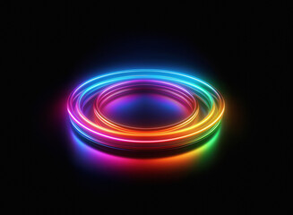 Leinwandbilder - Vibrant rainbow neon rings glow on a grainy paper texture, creating a mesmerizing, concentric light display against a stark black background.  The rings' reflections add depth.