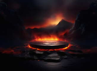 Aufkleber - A gritty, dark landscape with a circular stone platform glowing above a fiery, lava-like base.  The grainy paper-like texture of the rocks contrasts with the intense heat.