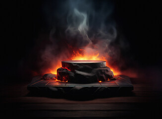 Aufkleber - A fiery, smoky scene featuring a stone platform.  The grainy paper texture is subtly present.  Lava-like embers glow around the base.