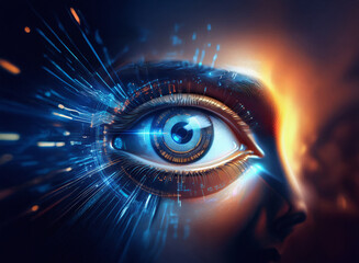 Aufkleber - Close-up of a stylized eye, glowing with digital energy.  Granular paper texture is subtly visible.  Intricate details evoke a futuristic, almost mechanical, aesthetic.