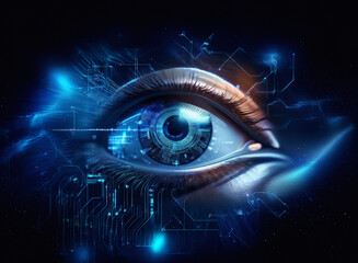 Aufkleber - A cybernetic eye, rendered with a grainy paper texture, glows with electric blue circuitry.  The intricate details highlight a fusion of organic and technological elements.