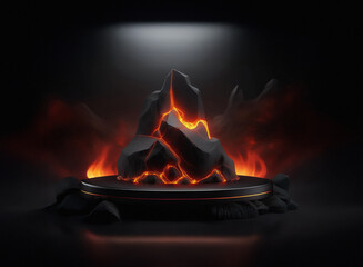 Aufkleber - Glowing, fiery rocks on a dark, circular platform.  Grainy paper texture effect.  Surrounded by smoke and shadow, creating a dramatic scene.