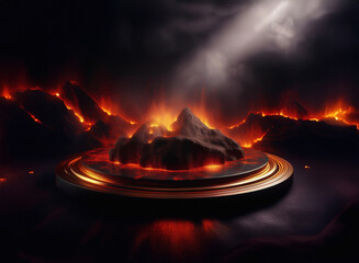 Aufkleber - Griany, volcanic landscape, fiery mountains on a dark, metallic platform.  The scene is rendered with a gritty paper texture.