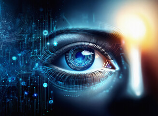 Aufkleber - Close-up of a digital eye, rendered with a grainy paper texture.  The iris displays intricate circuitry, blending technology with human anatomy.  Blue and gold hues dominate.