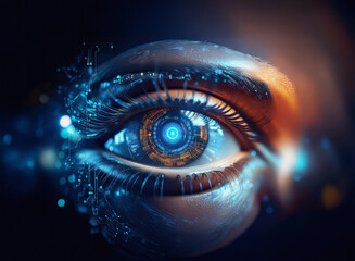 Aufkleber - Close-up of a stylized eye, glowing with vibrant blue and orange hues.  The grainy paper texture is subtly visible, enhancing the futuristic, almost cybernetic feel.