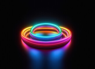 Fototapete - Vibrant, multicolored neon rings glow on a dark, reflective surface.  The grainy paper texture is subtly implied in the image's digital rendering.