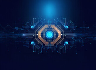 Aufkleber - Abstract digital artwork featuring a glowing octagonal circuit design on a grainy paper texture background.  The image evokes a sense of technological advancement and futuristic design.
