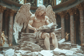 Fototapete - A creative depiction of a guardian angel figure protecting a stack of important documents, symbolizing the preservation of data through fraud prevention,