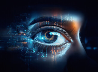 Aufkleber - Close-up of a woman's eye, overlaid with a grainy, digital circuit pattern on a textured paper-like surface. The image evokes themes of technology and human connection.