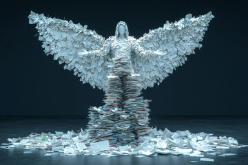 Fototapete - A creative depiction of a guardian angel figure protecting a stack of important documents, symbolizing the preservation of data through fraud prevention,