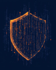 Fototapete - A minimalist digital artwork featuring a shield with binary code patterns, symbolizing the preservation of digital assets through advanced fraud prevention technologies,