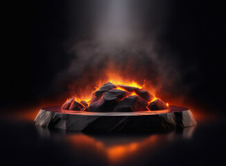 Aufkleber - Glowing embers smolder on a dark, grainy paper-textured stone platform, emitting smoke and light in a dramatic, low-key setting.