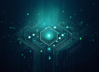 Aufkleber - Abstract digital artwork featuring a glowing teal hexagon at its center, surrounded by intricate circuitry lines on a grainy paper texture background.  The design evokes a technological or futuristic 