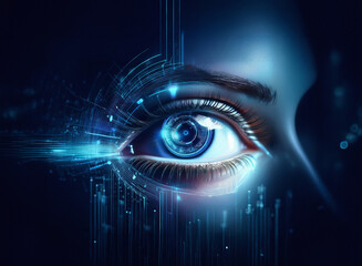 Aufkleber - A close-up of a woman's eye, digitally enhanced with glowing blue circuitry, displayed on a grainy paper texture.  The image evokes a futuristic, technological feel.