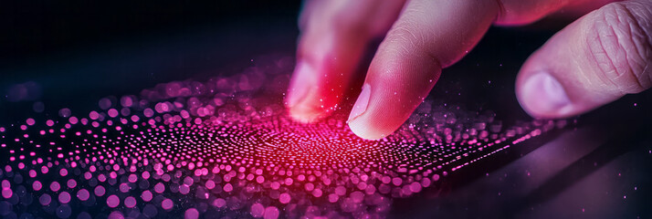 Leinwandbilder - A detailed close-up of hands typing on a secure laptop with a biometric scanner, highlighting advanced fraud prevention technologies in data preservation,