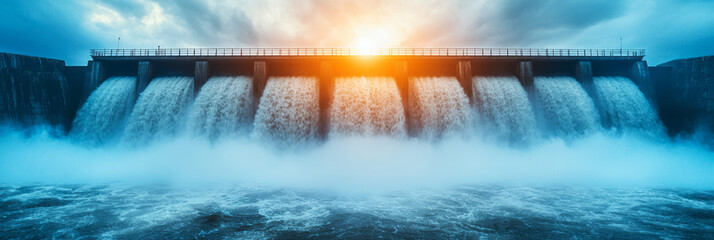 Leinwandbilder - A serene image of a hydroelectric power plant with flowing water and turbines, emphasizing the provision of sustainable water-based energy resources,