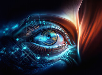Aufkleber - Close-up of a cybernetic eye, rendered with a grainy paper texture.  Cool blues and warm oranges illuminate the intricate circuitry overlaid on the eye.