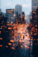 Aufkleber - A bustling cityscape with interconnected digital devices and screens, illustrating the growing dependency on technology in modern urban life,