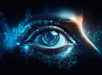 Aufkleber - A close-up of a cybernetic eye, rendered with a grainy paper texture.  Intricate circuitry glows with vibrant blue light against a dark background.