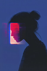 Aufkleber - An artistic portrayal of a person looking at their reflection in a smartphone screen, highlighting the personal impact of growing digital dependencies,