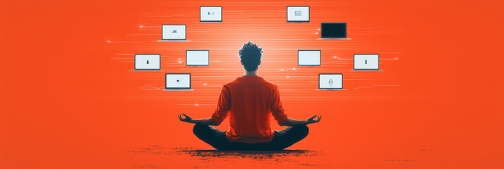 Aufkleber - A serene image of a person meditating surrounded by digital devices, symbolizing the struggle to balance technology dependency with personal well-being,