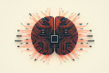Aufkleber - A creative depiction of a brain made up of interconnected circuits and devices, representing the integration of technology into human cognition and the growth of dependency,