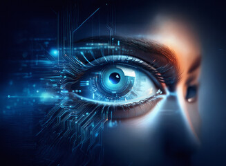 Aufkleber - Close-up of a human eye digitally enhanced with glowing circuit board textures.  Grainy paper-like effect adds depth. Futuristic and biomechanical.