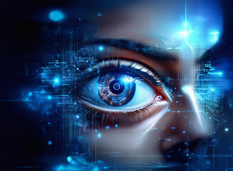 Aufkleber - A close-up of a woman's eye, digitally enhanced with glowing blue circuitry,  displayed on a grainy paper texture. The image evokes themes of technology and human connection.