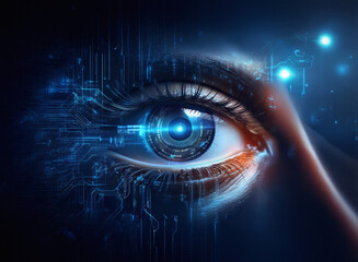 Aufkleber - Close-up of a digital eye, glowing with circuit patterns on a grainy paper texture.  The iris is a metallic blue, suggesting technology and futuristic concepts.