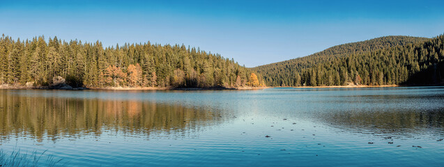 Wall Mural - Beautiful panoramic view of Black Lake reflecting surrounding pine forest on a sunny autumn day in Durmitor National Park, Montenegro