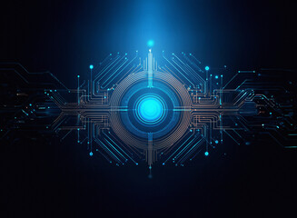 Aufkleber - Abstract digital circuitry design. Glowing blue lines on a dark background, resembling a target.  Granular paper texture effect is subtly present.
