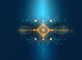 Aufkleber - Abstract digital artwork.  Granular paper texture, glowing circuit board design, symmetrical, dark blue background, orange accents, technological theme.
