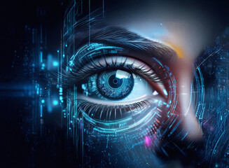 Aufkleber - Close-up of a woman's eye, digitally enhanced with glowing circuit patterns.  Granular paper texture effect adds depth.  Cybernetic, futuristic feel.