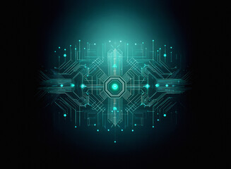 Poster - A teal digital circuit design on a grainy paper texture background.  The design is symmetrical and features glowing nodes.