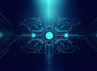 Aufkleber - Glowing blue circuit design on a grainy paper texture background.  Abstract technological artwork with symmetrical patterns and bright accents.