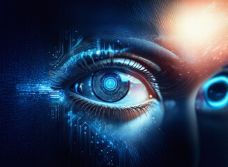 Aufkleber - Close-up of a cybernetic eye, showcasing intricate circuitry and a grainy paper texture.  The blue glow highlights technological advancement.