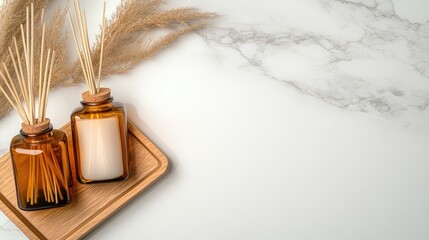 Wall Mural - Scented candle alongside reed diffusers in a minimalist amber glass jar, perfectly arranged with pampas grass on a wooden tray