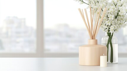 Canvas Print - Elegant reed diffuser sits on a white table surrounded by candles and flowers, enhancing the tranquility of a serene living environment