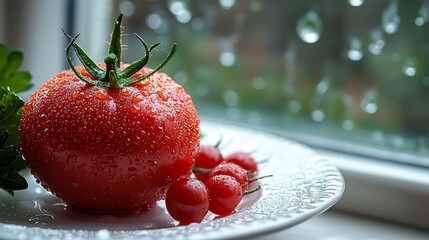 Rainy day, windowsill, fresh tomatoes, plate, kitchen