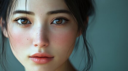 Wall Mural - Portrait of a young woman with delicate features and soft expression, captured indoors with natural light highlighting her striking eyes and flawless skin