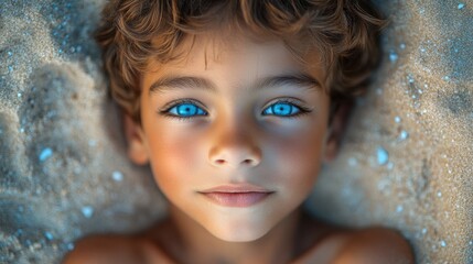 Wall Mural - Young boy with striking blue eyes lying on sandy beach while enjoying a sunny day and looking directly at the camera in bright natural light