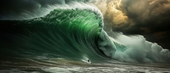 Wall Mural - surfer riding a giant green wave under a stormy sky