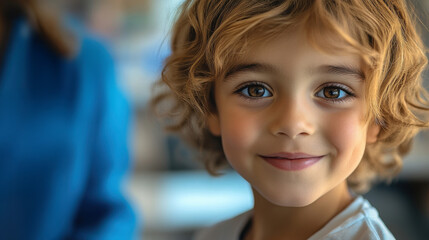 Wall Mural - Charming young boy with curly hair smiles brightly in a cozy indoor setting during afternoon activity