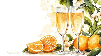 Wall Mural - Two Glasses of Sparkling Wine with Oranges and Blossoms - Watercolor Painting.