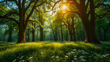 Wall Mural - Enchanted forest field with glowing blooming flowers sunset sunlight, idyllic peaceful nature. Amazing landscape green spring summer scenery. Sunlit floral lush meadow blue sky. Inspire green serenity